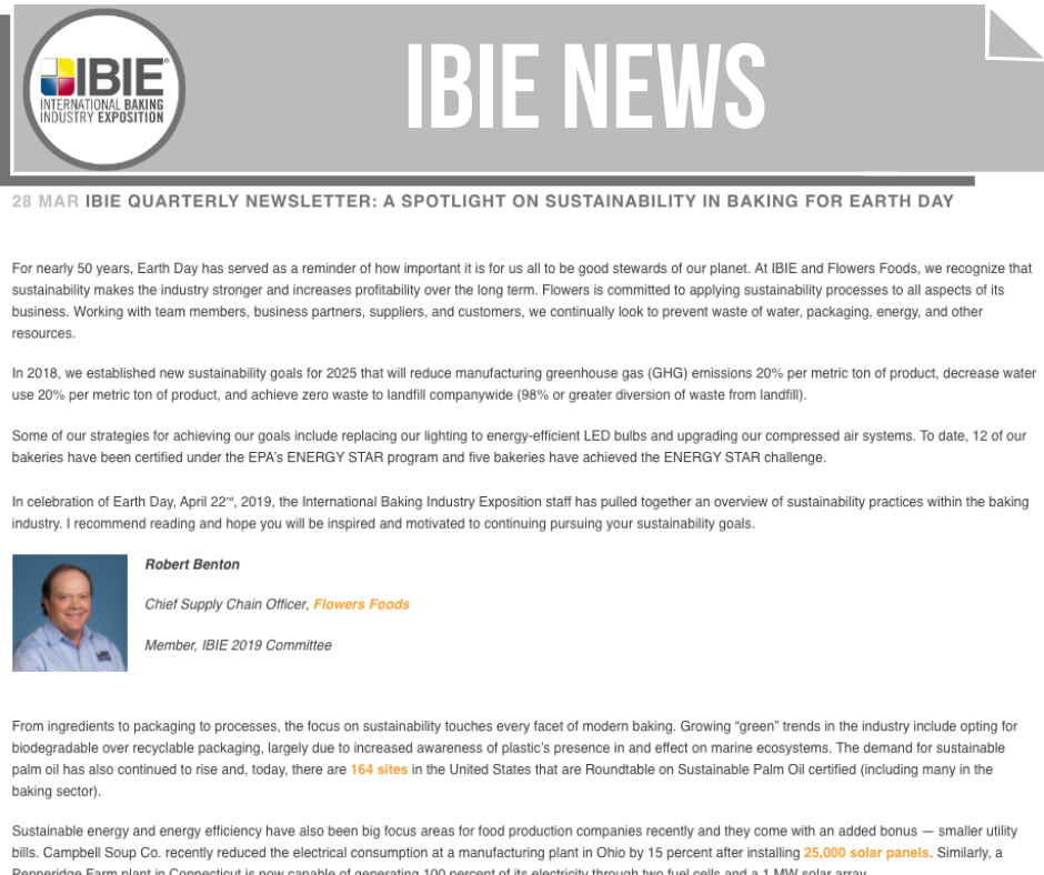 IBIE QUARTERLY NEWSLETTER: A SPOTLIGHT ON SUSTAINABILITY IN BAKING FOR EARTH DAY