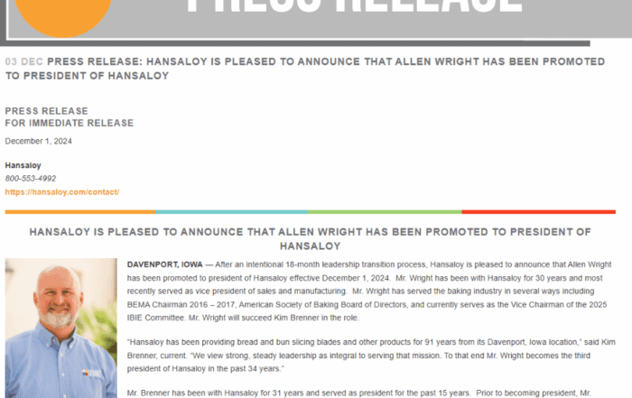 Press Release Hansaloy is pleased to announce that Allen Wright has been promoted to president of Hansaloy