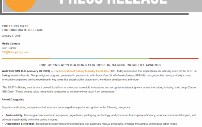 Press Release: IBIE Opens Applications for BEST in Baking Industry Awards